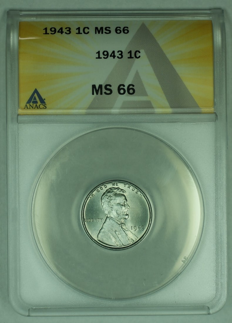 1943 Steel Lincoln Wheat Cent ANACS MS 66 Certified United States 1C: 1943 Steel Lincoln Wheat Cent ANACS MS 66 Certified United States 1C This is a 1943 Lincoln Steel Wheat Cent, graded MS 66 by ANACS. The coin is uncirculated and composed of steel. It features the cla
