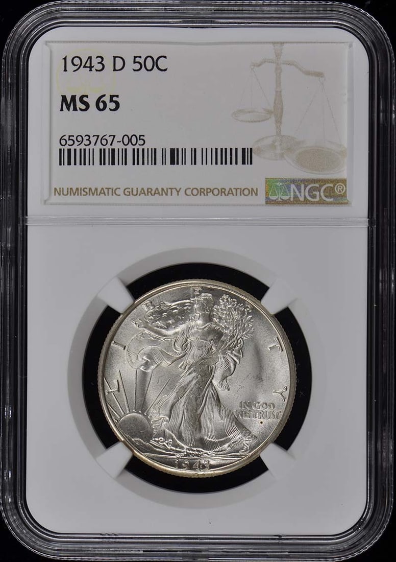 1943-D Walking Liberty Half Dollar NGC MS65 Uncirculated: 1943-D Walking Liberty Half Dollar NGC MS65 Uncirculated This 1943-D Walking Liberty Half Dollar features a stunning uncirculated grade of MS65, certified by NGC with certification number 6593767005. 