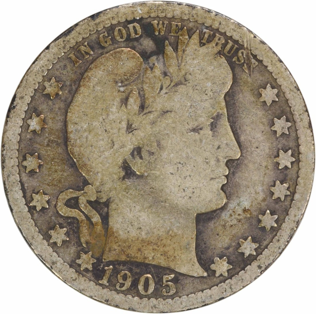 1905-O Barber Quarter 90% Silver Uncertified Coin: 1905-O Barber Quarter 90% Silver Uncertified Coin This 1905-O Barber Silver Quarter is a remarkable piece of American numismatic history. Struck at the New Orleans Mint, this coin features the intrica