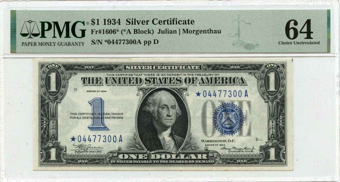 1934 $1 Silver Certificate PMG CU64 Star Note: 1934 $1 Silver Certificate PMG CU64 Star Note This 1934 $1 Silver Certificate, designated as FR#1606*, is graded by PMG with a certification number of 2202221008 and is in Uncirculated condition. This