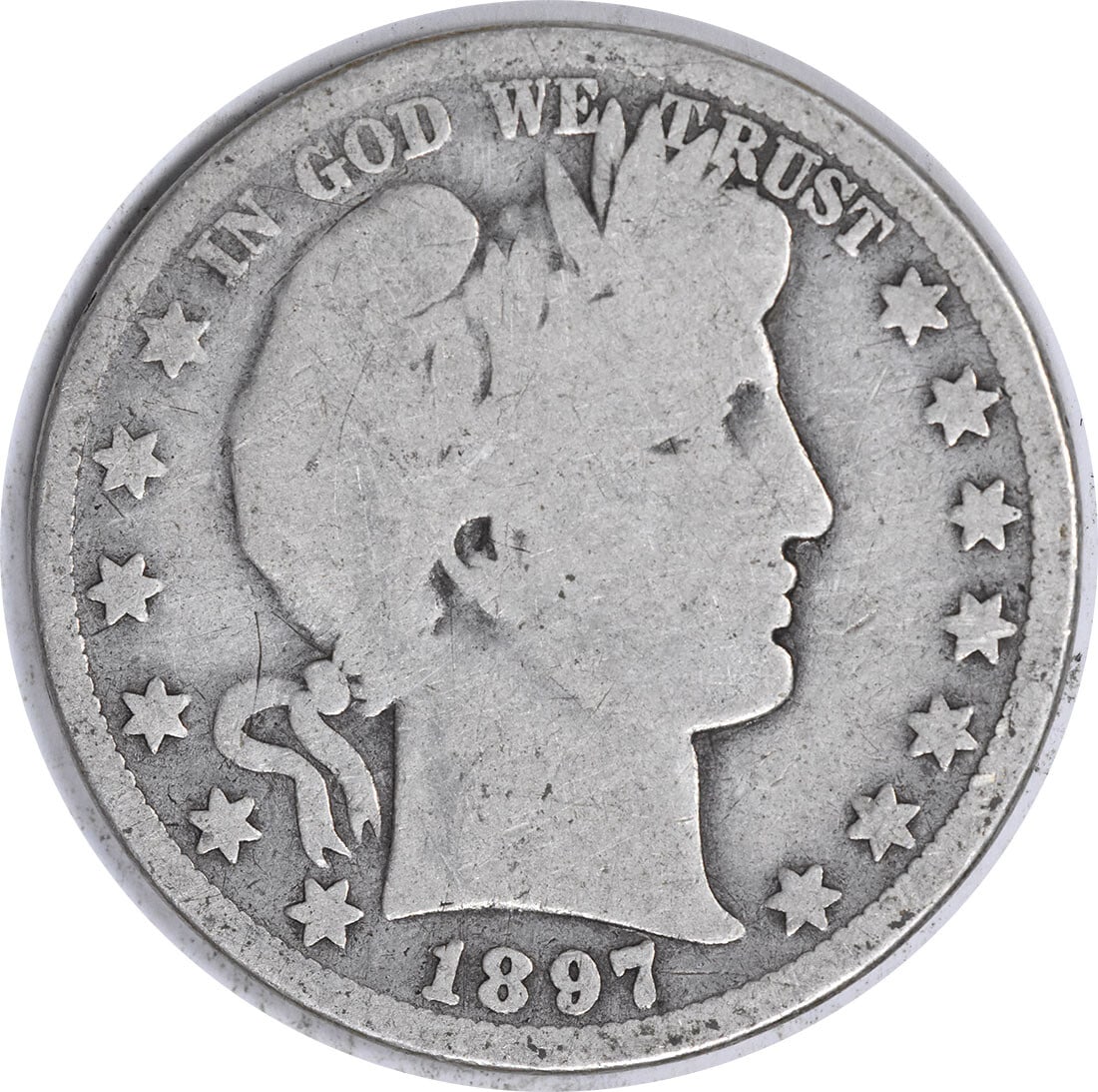 1897-O Barber Half Dollar 50C Silver Coin Uncertified AG Grade: 1897-O Barber Half Dollar 50C Silver Coin Uncertified AG Grade This 1897-O Barber Silver Half Dollar is a historic piece minted in New Orleans, featuring the iconic design by Charles E. Barber. The co