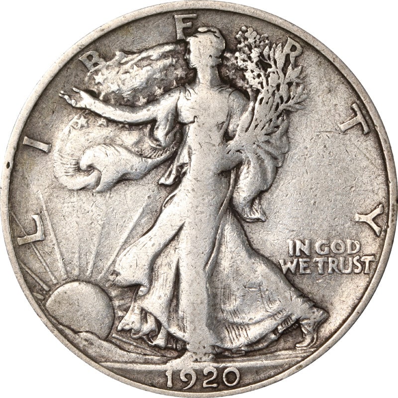1920 San Francisco Silver Walking Liberty Half Dollar Coin United States: 1920 San Francisco Silver Walking Liberty Half Dollar Coin United States This is a 1920-S Walking Liberty Half Dollar coin from the United States. It is composed of 90% silver and was minted in San Fr