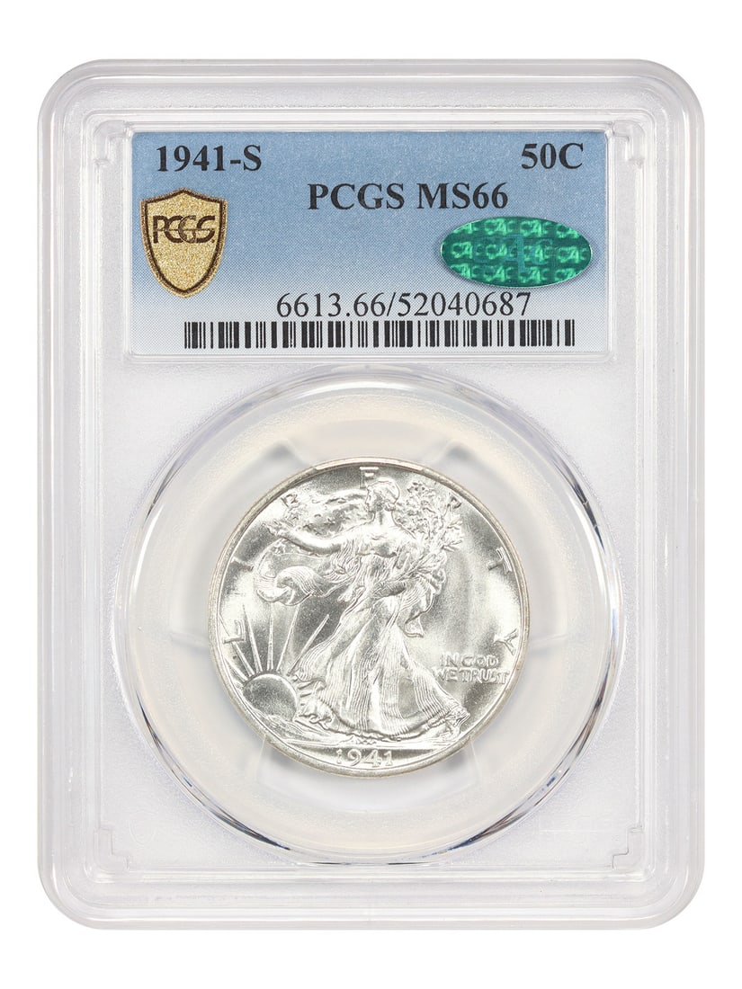 1941 San Francisco Walking Liberty Half Dollar PCGS CAC MS66: 1941 San Francisco Walking Liberty Half Dollar PCGS CAC MS66 This 1941-S Walking Liberty Half Dollar is a premium gem graded MS66 by PCGS and endorsed by CAC. The coin is uncirculated and features whi