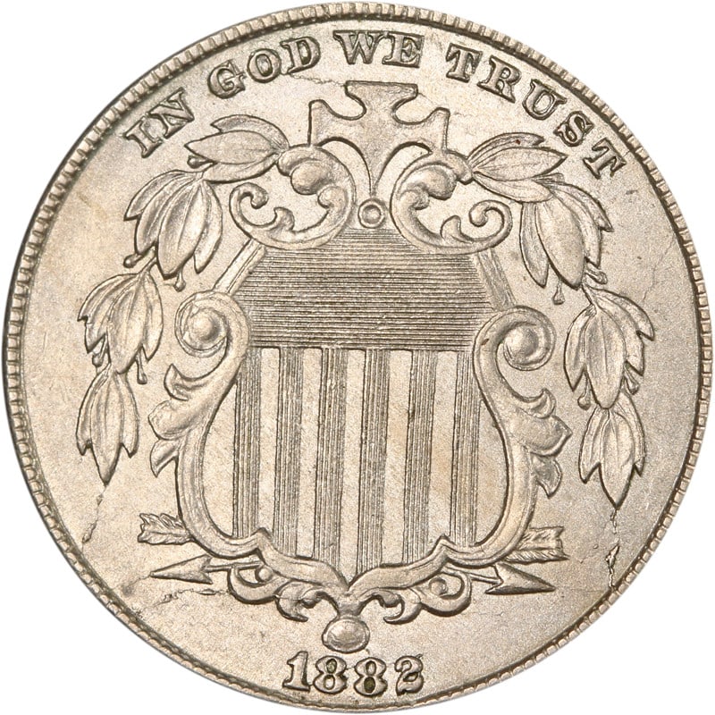 1882 United States Shield Nickel with Die Crack Features: 1882 United States Shield Nickel with Die Crack Features This 1882 Shield Nickel from the United States features notable die cracks. It is a circulated, pre-owned coin composed of nickel and is uncert