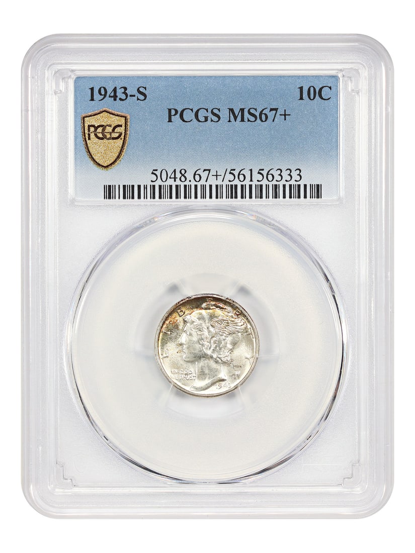 PCGS MS67 Plus San Francisco 1943 Mercury Dime Ten Cent Coin: PCGS MS67 Plus San Francisco 1943 Mercury Dime Ten Cent Coin This is a 1943-S Mercury Dime graded MS67+ by PCGS. The coin is uncirculated and was minted in San Francisco. It is part of the Mercury Dim