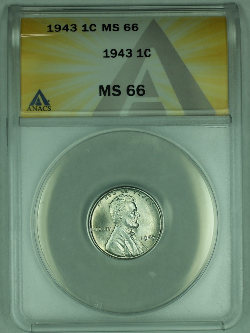 1943 Steel Lincoln Wheat Cent Graded MS 66 by ANACS: 1943 Steel Lincoln Wheat Cent Graded MS 66 by ANACS This is a 1943 Lincoln Steel Wheat Cent, certified by ANACS with a grade of MS 66. The coin is uncirculated and composed of steel, representing the 