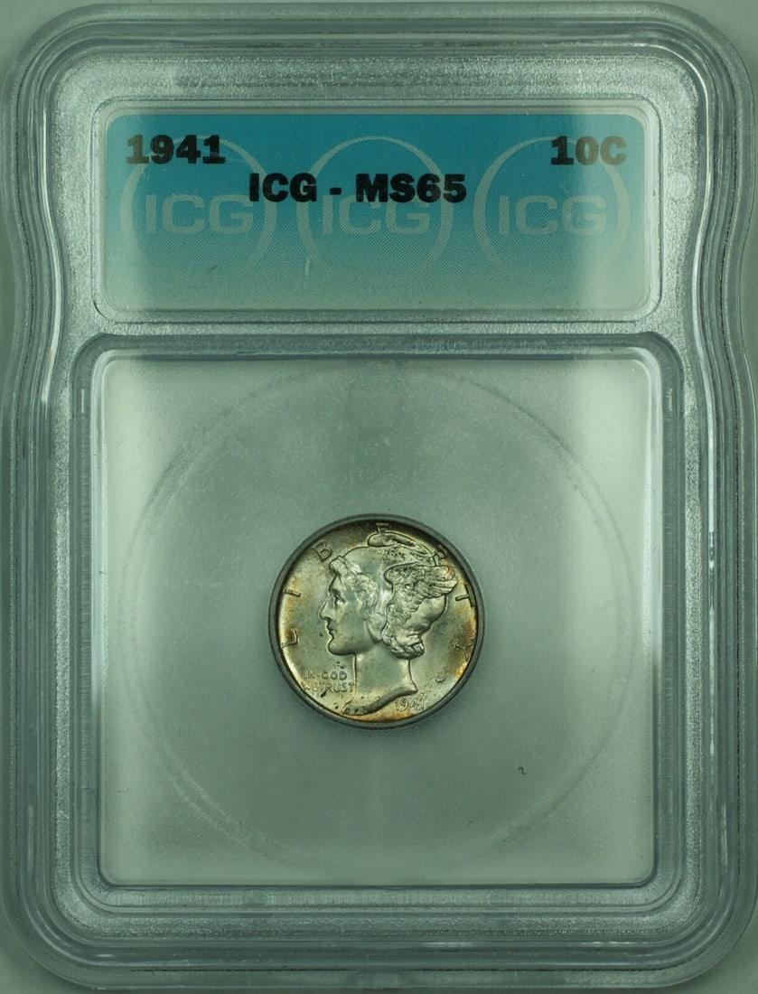 ICG MS-65 1941 Silver Mercury Dime With Toning Philadelphia Mint: ICG MS-65 1941 Silver Mercury Dime With Toning Philadelphia Mint This is a 1941 Mercury Silver Dime with a denomination of 10 cents, minted in Philadelphia. The coin is composed of silver with a finen