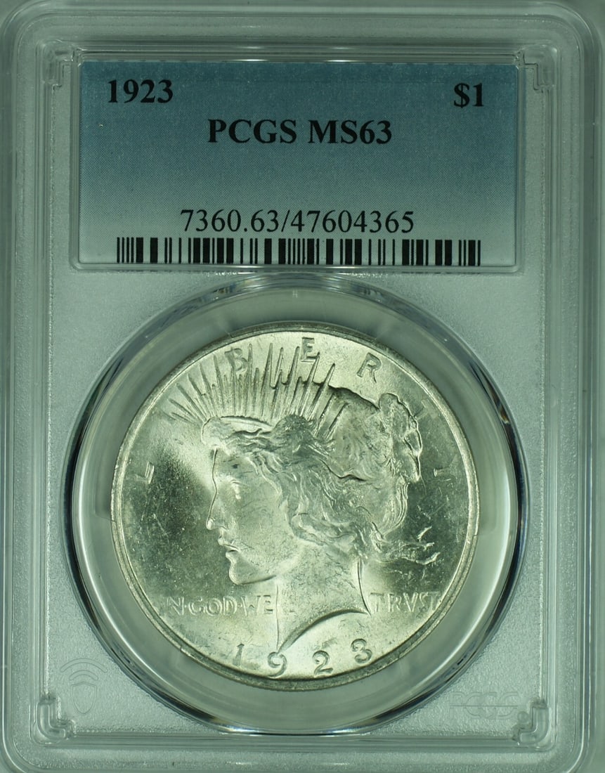 PCGS MS 63 Certified 1923 Peace Dollar Silver Coin $1: PCGS MS 63 Certified 1923 Peace Dollar Silver Coin $1 This is a 1923 Peace Silver Dollar $1 coin from the United States. The coin is composed of silver, graded MS 63 by PCGS, and remains uncirculated.