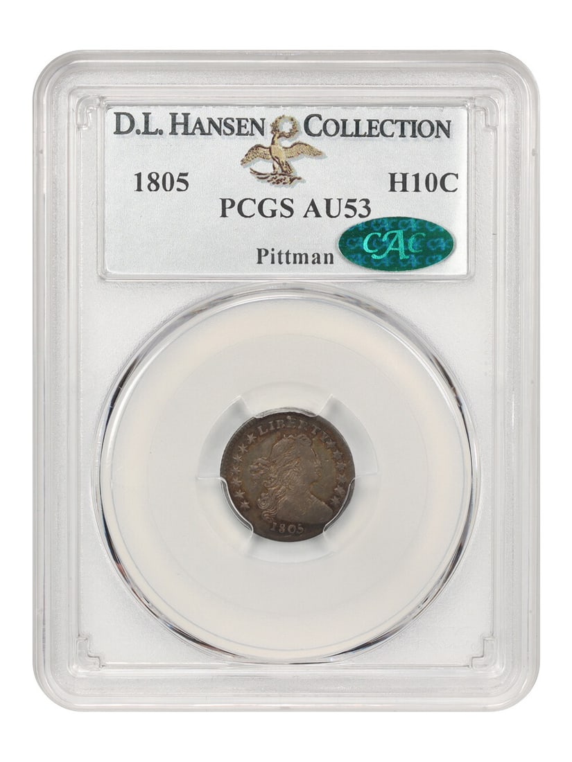 1805 Draped Bust Half Dime H10C PCGS AU53 CAC D.L. Hansen: 1805 Draped Bust Half Dime H10C PCGS AU53 CAC D.L. Hansen This remarkable 1805 Draped Bust Half Dime is certified by PCGS as AU53, with a certification number of 04897604. Struck in Philadelphia, this