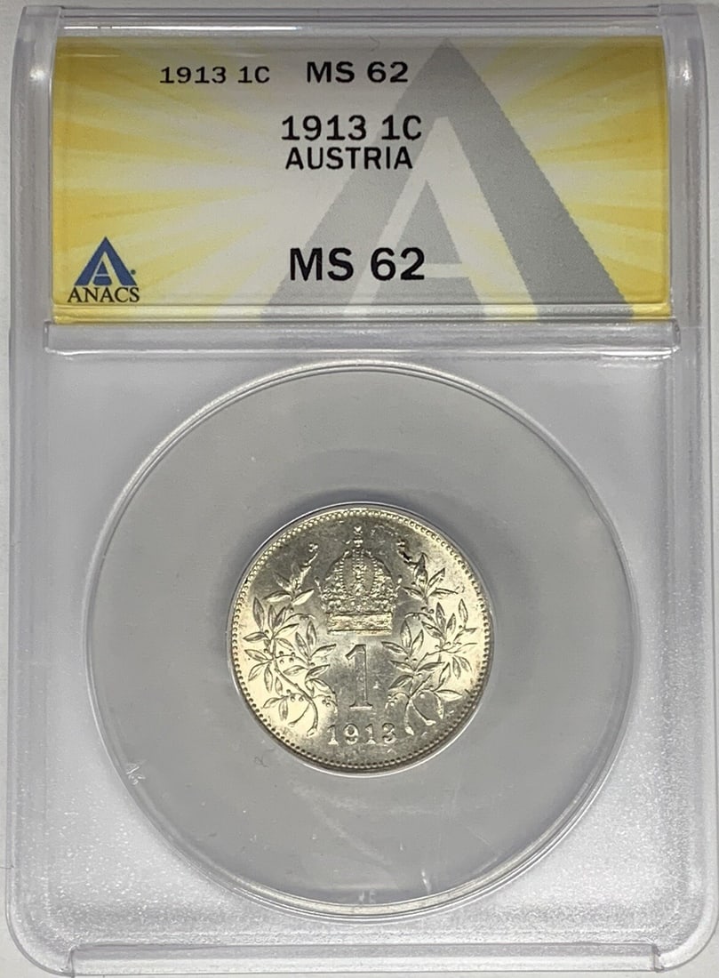 Silver 1913 Austria 1 Corona ANACS MS 62 Certified Coin (1 of 2)