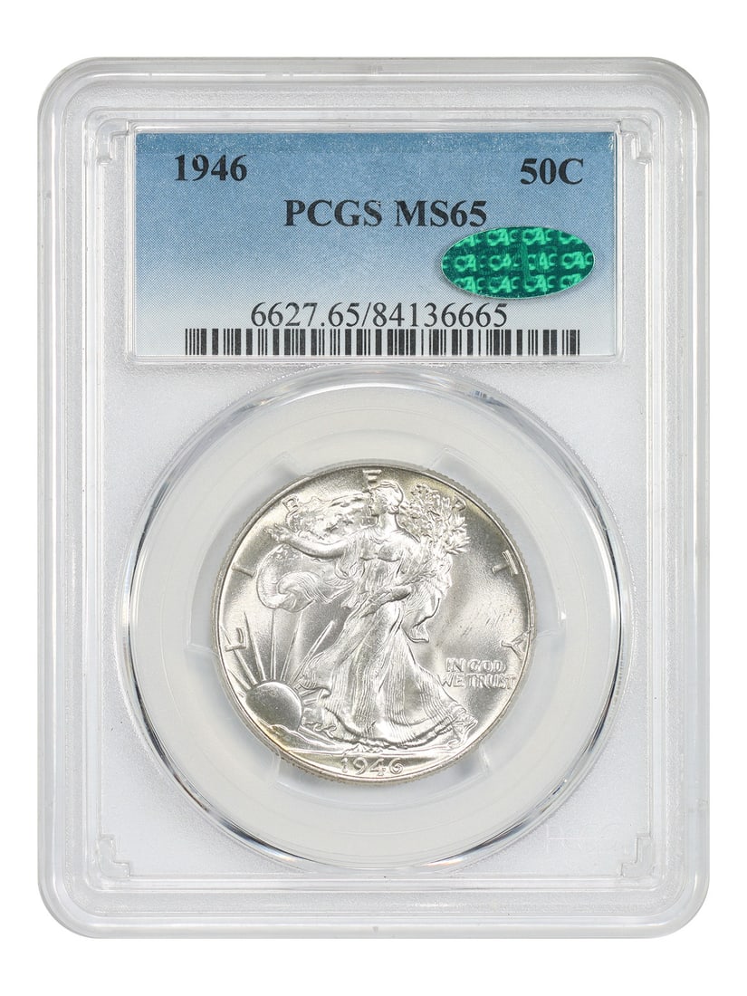 PCGS CAC MS65 1946 Walking Liberty Half Dollar 50C Uncirculated: PCGS CAC MS65 1946 Walking Liberty Half Dollar 50C Uncirculated This 1946 Walking Liberty Half Dollar is graded MS65 by PCGS and certified by CAC, indicating its high mint state quality. Struck in Phi