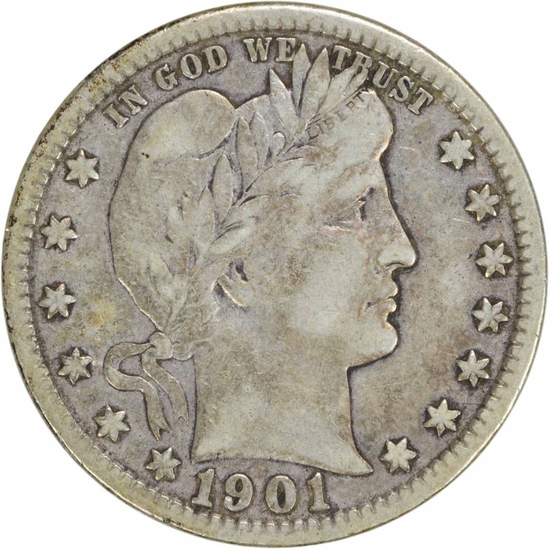 1901 Barber Silver Quarter 25C VF Uncertified Philadelphia Mint: 1901 Barber Silver Quarter 25C VF Uncertified Philadelphia Mint This 1901 Barber Silver Quarter, minted in Philadelphia, showcases a classic design by Charles E. Barber. It features a composition of 9