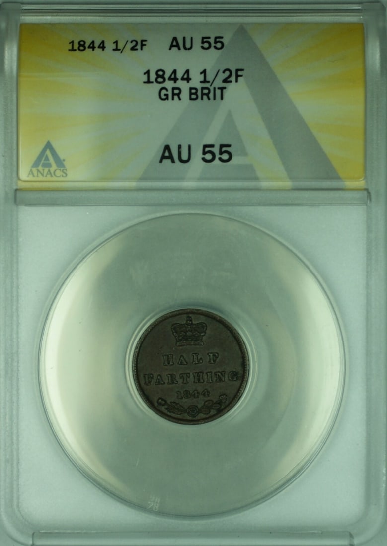 1844 United Kingdom Half Farthing Bronze Coin ANACS AU 55 KM 738: 1844 United Kingdom Half Farthing Bronze Coin ANACS AU 55 KM 738 This 1844 Great Britain Half Farthing features the KM#738 type and has been certified by ANACS with a grade of AU-55. The coin is compo