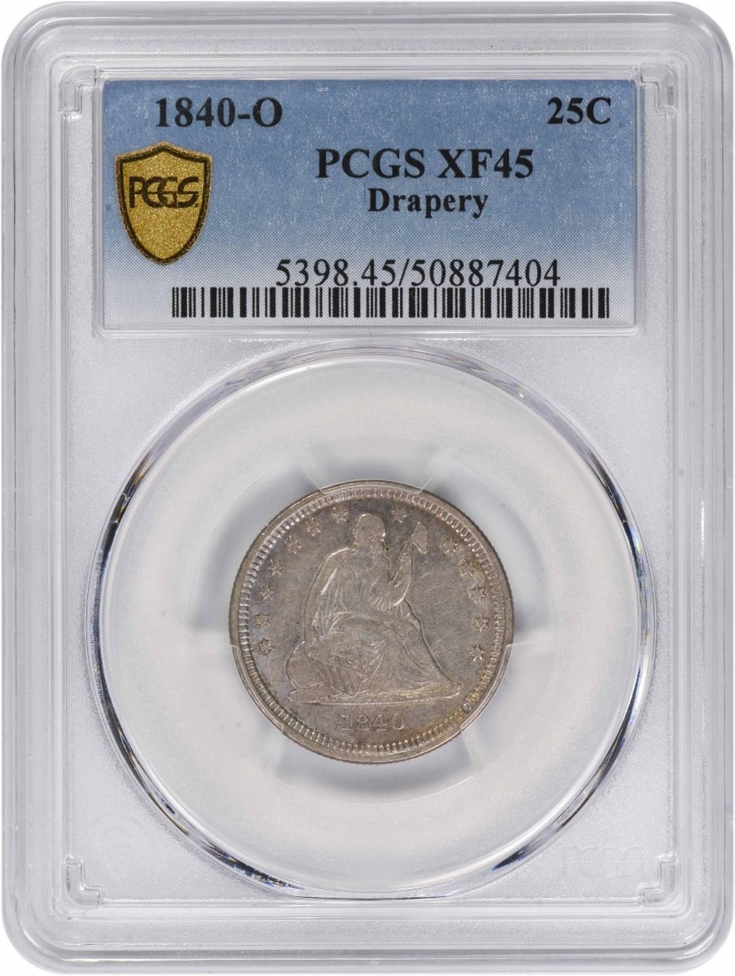 PCGS EF45 1840-O Seated Liberty Quarter from New Orleans Mint: PCGS EF45 1840-O Seated Liberty Quarter from New Orleans Mint This 1840-O Liberty Seated Silver Quarter features the with drapery design and is graded EF45 by PCGS. Struck at the New Orleans Mint, the