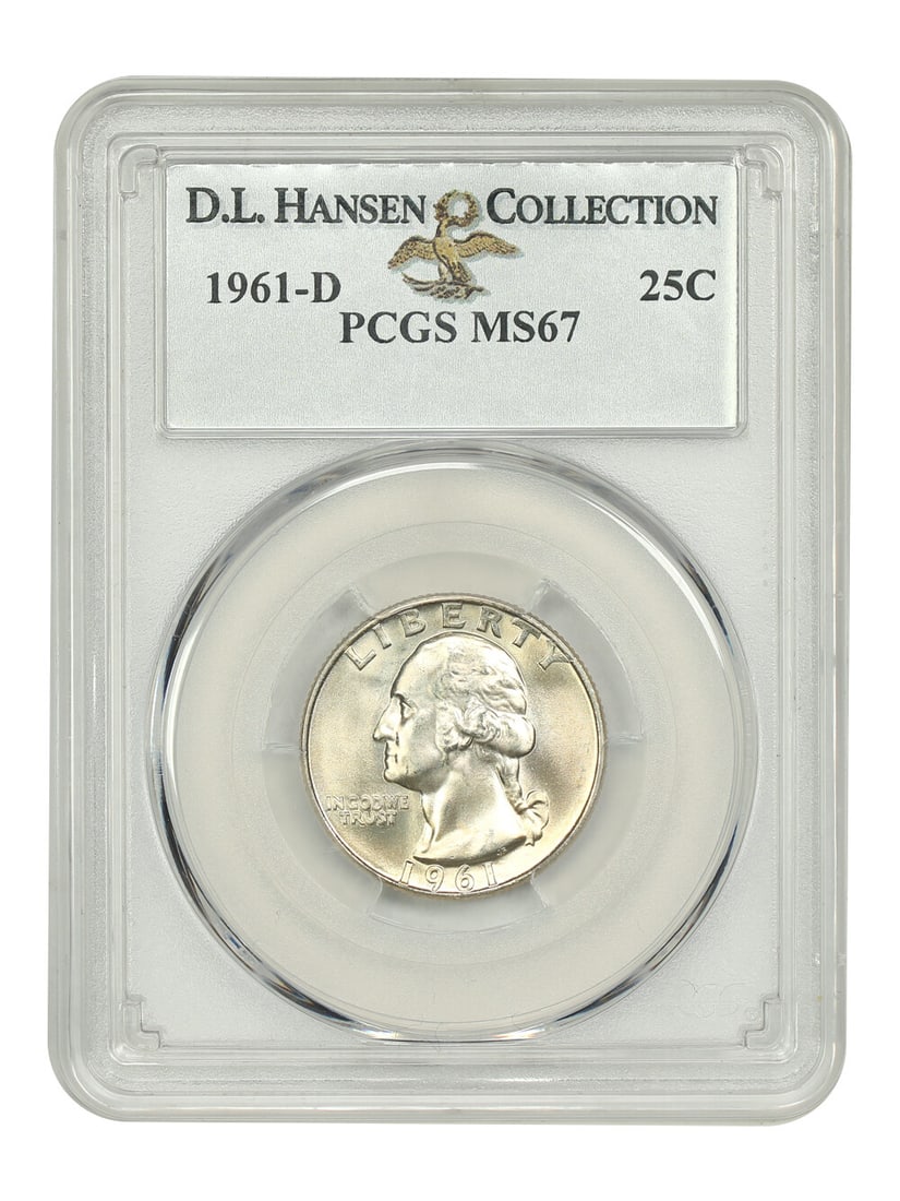 1961-D Washington Quarter PCGS MS67 D.L. Hansen Collection: 1961-D Washington Quarter PCGS MS67 D.L. Hansen Collection This 1961-D Washington Quarter, graded MS67 by PCGS, showcases exceptional quality and eye appeal. With off-white surfaces that exhibit a fro