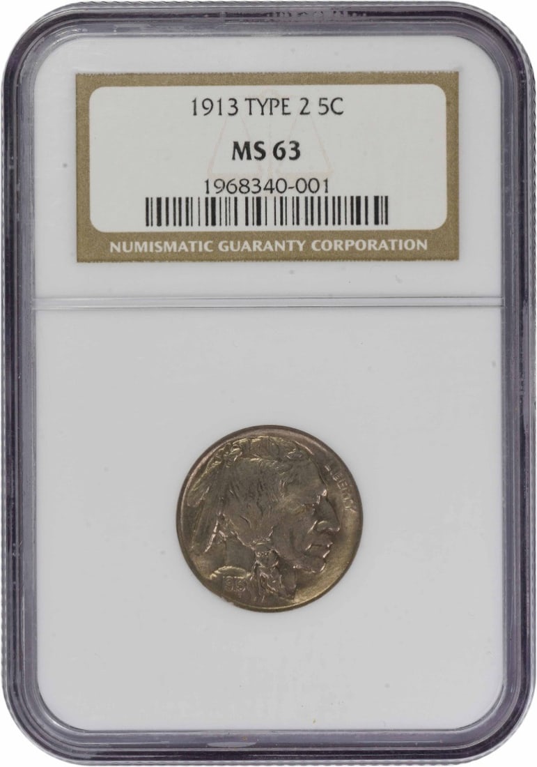 1913 Philadelphia Buffalo Nickel Type 2 NGC MS63 Certified: 1913 Philadelphia Buffalo Nickel Type 2 NGC MS63 Certified This 1913 Buffalo Nickel Type 2 from the Philadelphia Mint is graded MS63 by NGC. Crafted from 75% copper and 25% nickel, this uncirculated c