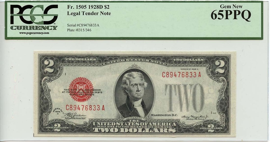 PCGS MS65 1928D $2 Red Seal Legal Tender Note Fr 1505: PCGS MS65 1928D $2 Red Seal Legal Tender Note Fr 1505 This is a 1928D $2 Legal Tender Note, featuring the red seal and certified by PCGS Currency with a GEM 65 PPQ grade. The bill is uncirculated and 