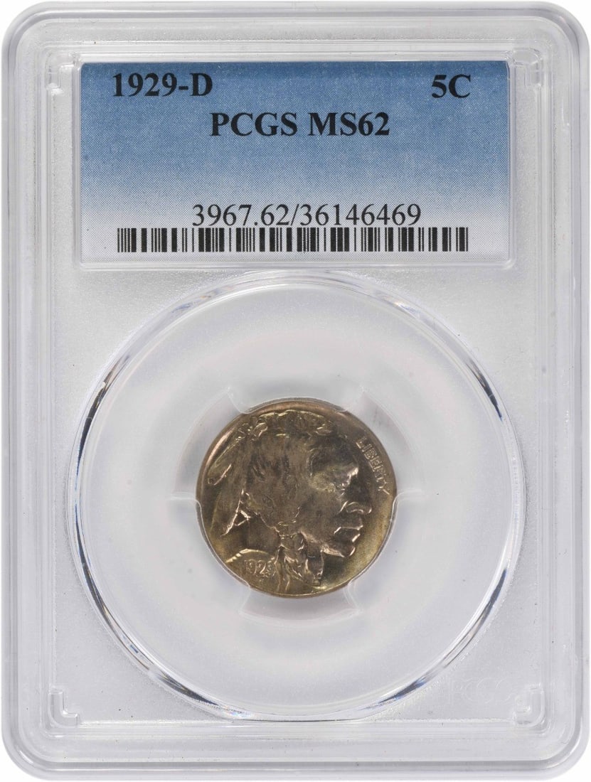 PCGS MS62 1929 Denver Mint Buffalo Five Cent Coin United States: PCGS MS62 1929 Denver Mint Buffalo Five Cent Coin United States This 1929-D Buffalo Nickel is graded MS62 by PCGS, indicating an uncirculated condition. Struck at the Denver Mint, the coin features th