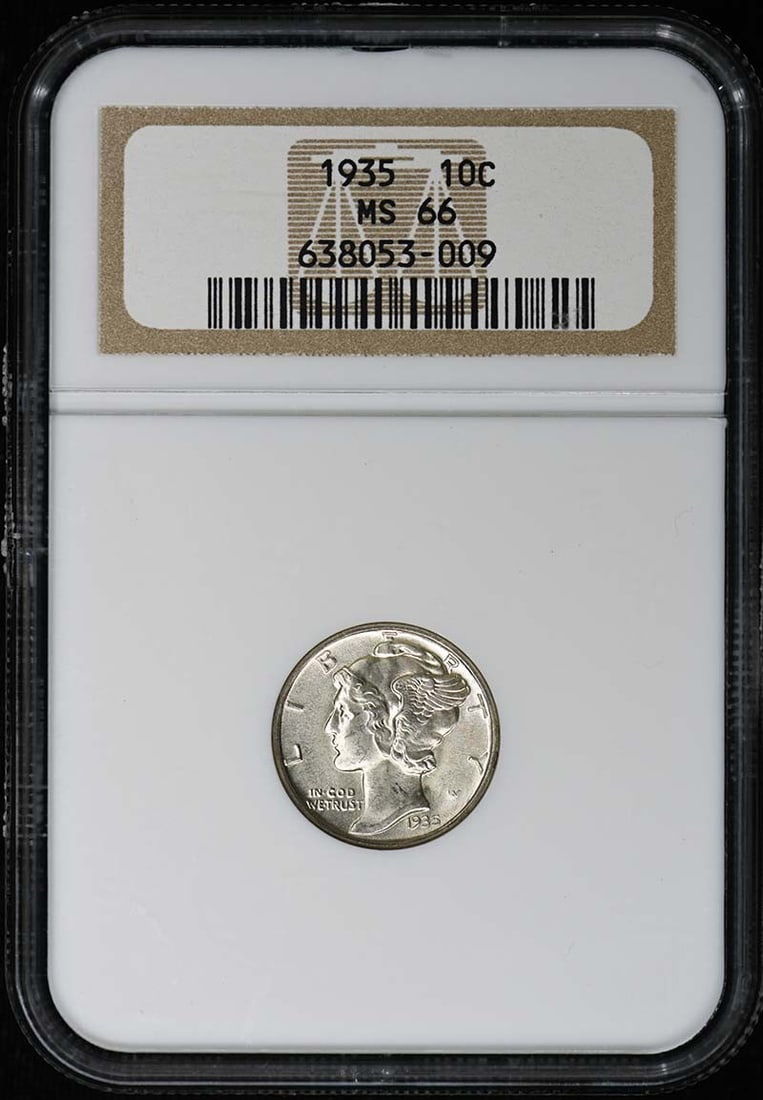 NGC MS66 1935 Philadelphia Mercury Dime Ten Cent Coin: NGC MS66 1935 Philadelphia Mercury Dime Ten Cent Coin This 1935 Mercury Dime is certified by NGC with a grade of MS66, indicating it is in uncirculated condition. Struck in Philadelphia, this pre-owne