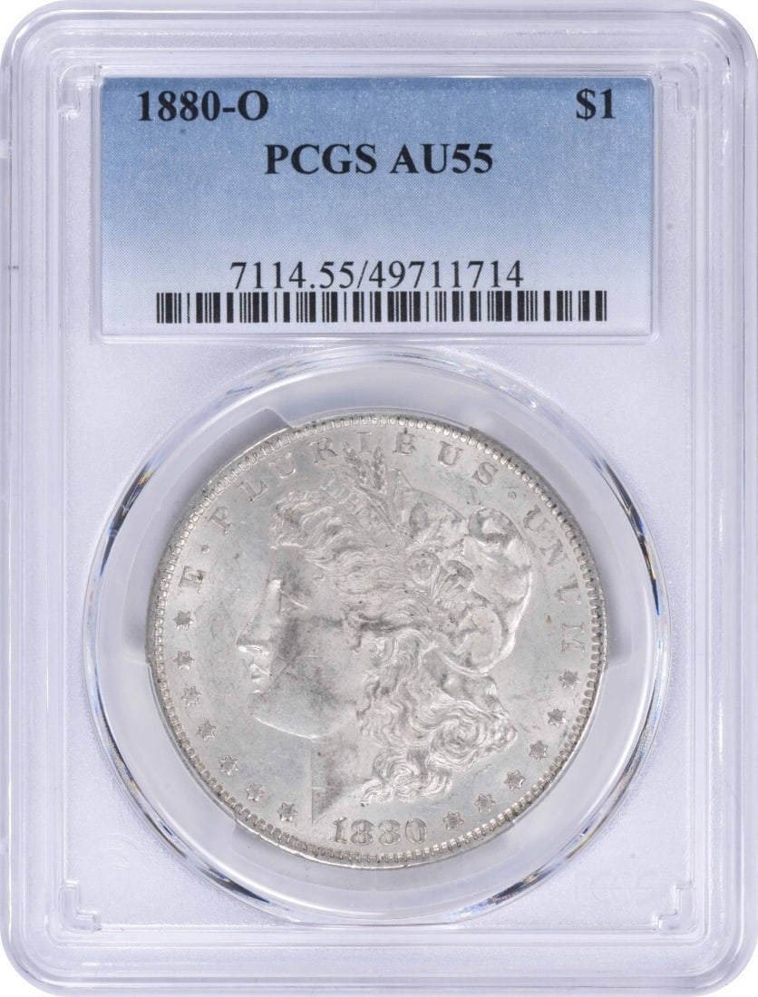 1880-O Morgan Silver Dollar AU55 PCGS Certified Coin: 1880-O Morgan Silver Dollar AU55 PCGS Certified Coin This 1880-O Morgan Silver Dollar is a stunning piece certified by PCGS with an AU55 grade. Struck in New Orleans, this coin features a classic desi