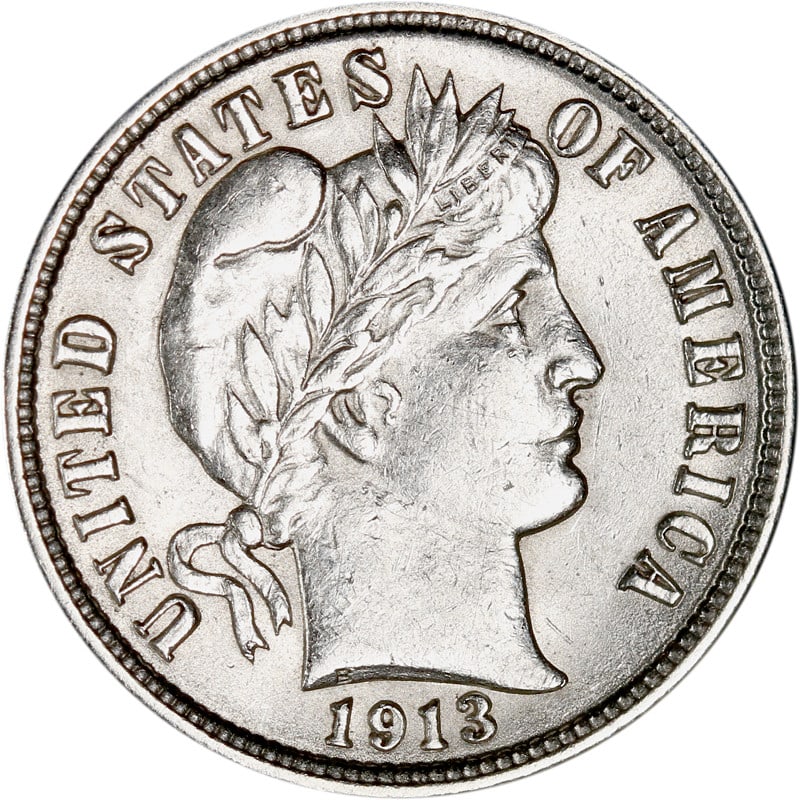 1913 Silver Dime from Philadelphia Barber Series: 1913 Silver Dime from Philadelphia Barber Series This 1913-P Barber Dime was minted in Philadelphia and is composed of silver. The coin is circulated and comes uncertified. It is a pre-owned item from
