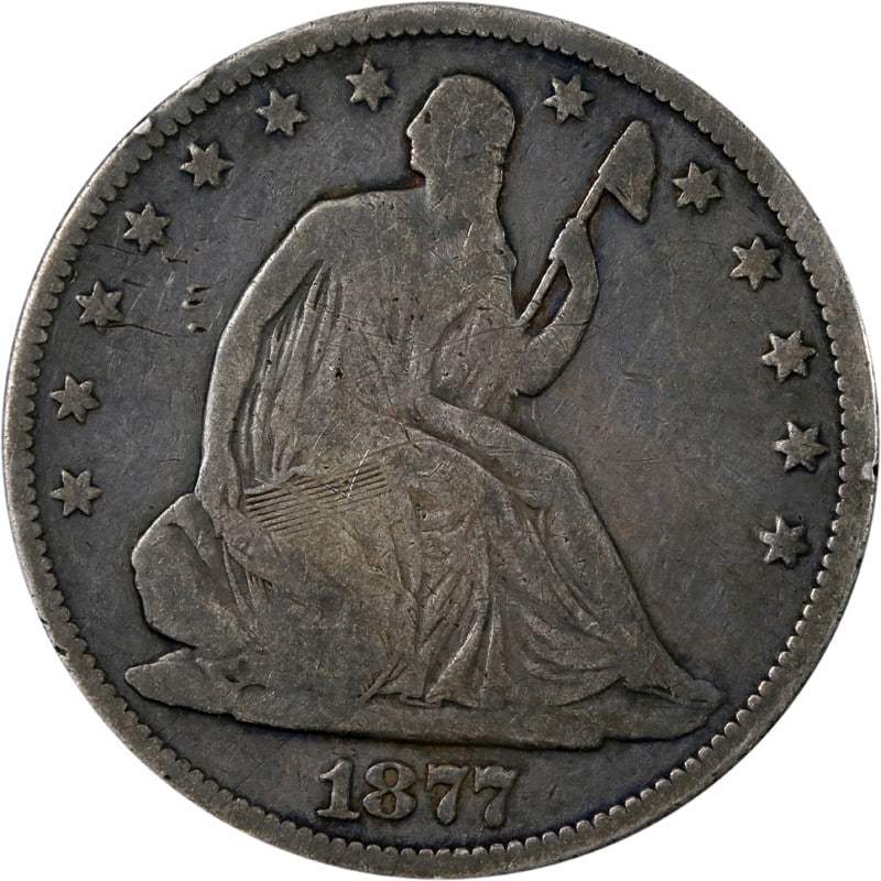 1877 Silver Seated Liberty Half Dollar Philadelphia Mint Coin: 1877 Silver Seated Liberty Half Dollar Philadelphia Mint Coin This 1877-P Seated Half Dollar was minted in Philadelphia and is composed of silver. The coin is circulated and comes from the United Stat