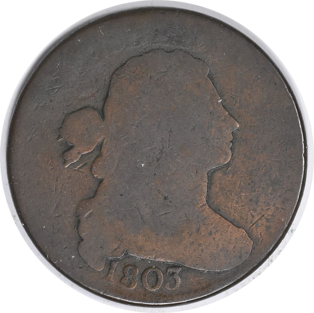 1803 Draped Bust Large Cent Copper Coin Robert Scot Design: 1803 Draped Bust Large Cent Copper Coin Robert Scot Design This 1803 Large Cent features the iconic Draped Bust design, crafted from copper and minted in Philadelphia. The coin is classified as "G" gr