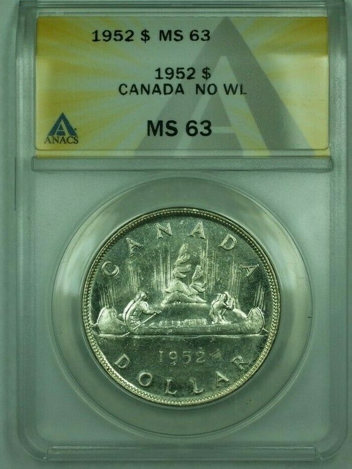 Canada 1952 Silver Dollar No Waterlines ANACS MS-63 Certified Coin: Canada 1952 Silver Dollar No Waterlines ANACS MS-63 Certified Coin This is a 1952 No Waterlines WL Canada Dollar coin, certified by ANACS with a grade of MS 63. The coin is uncirculated and composed o