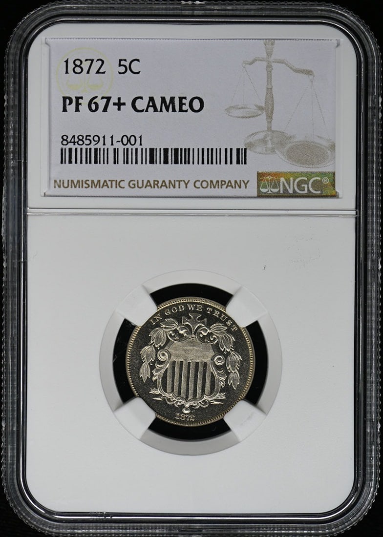1872 Shield Nickel NGC PR67+CAM Uncirculated Philadelphia: 1872 Shield Nickel NGC PR67+CAM Uncirculated Philadelphia This stunning 1872 Shield Nickel features a Proof strike and is graded PR67+ by NGC, showcasing exceptional quality and detail. Minted in Phil