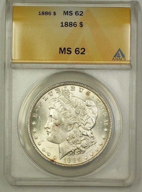 ANACS MS-62 1886 Morgan Dollar Silver Coin Uncirculated Philadelphia: ANACS MS-62 1886 Morgan Dollar Silver Coin Uncirculated Philadelphia This is an 1886 Morgan Silver Dollar $1 coin certified by ANACS with a grade of MS 62. Minted in Philadelphia, this uncirculated co