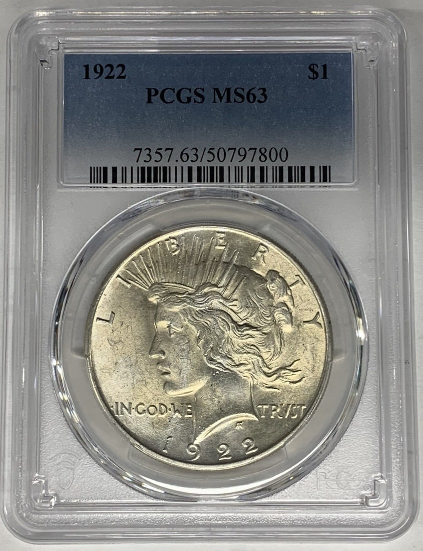 PCGS MS 63 Peace Dollar 1922 Silver Coin Certified: PCGS MS 63 Peace Dollar 1922 Silver Coin Certified This is a 1922 Peace Silver Dollar coin graded MS 63 by PCGS. The coin is uncirculated and composed of silver. It is a pre-owned collectible from the