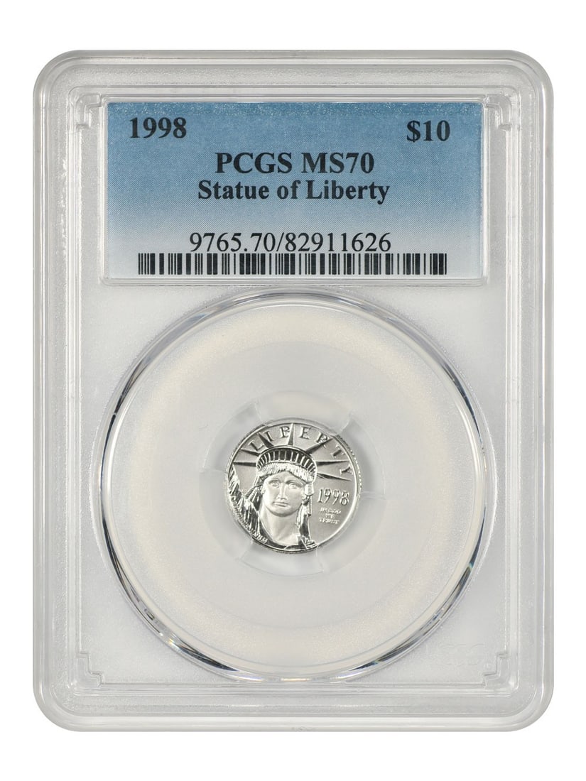 1998 Platinum Eagle $10 PCGS MS70 Uncirculated Coin: 1998 Platinum Eagle $10 PCGS MS70 Uncirculated Coin This is a 1998 $10 Platinum Eagle coin featuring the Statue of Liberty design, certified by PCGS with a perfect grade of MS70. The coin is uncircula