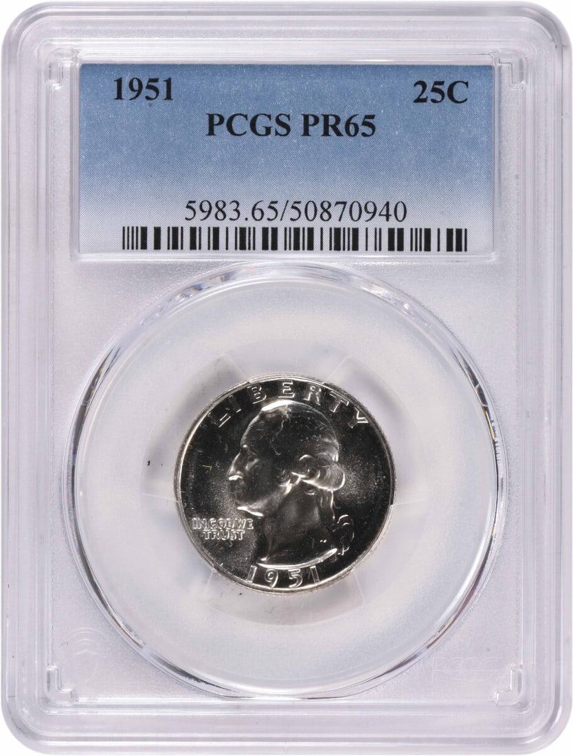 1951 Washington Silver Quarter PR65 Certified PCGS Proof: 1951 Washington Silver Quarter PR65 Certified PCGS Proof This 1951 Washington Silver Quarter is a stunning example of proof coinage. Certified by PCGS with a grade of PR65, this uncirculated quarter s
