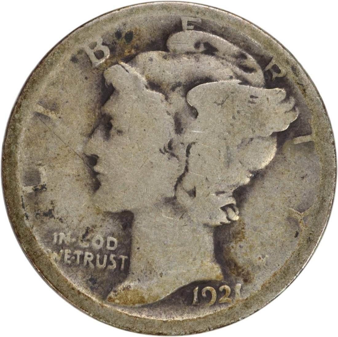 1921 Mercury Dime 10C Uncertified 90% Silver USA Coin: 1921 Mercury Dime 10C Uncertified 90% Silver USA Coin This 1921 Mercury Silver Dime is a historical piece from the United States, featuring the iconic design by Adolph Alexander Weinman. The coin is m