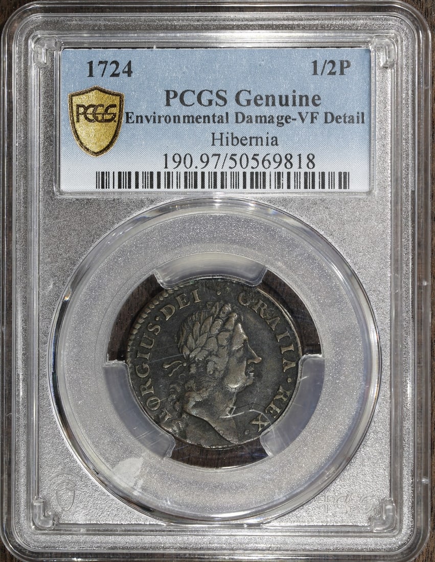 1724 Hibernia Halfpenny Copper Coin NGC Certified Colonial Issue: 1724 Hibernia Halfpenny Copper Coin NGC Certified Colonial Issue This 1724 Hibernia Halfpenny, a colonial issue coin, features the Wood's design and is composed of copper. It has circulated condition 