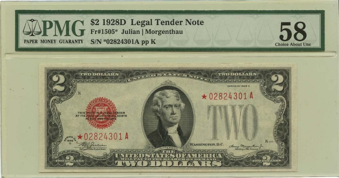 1928D $2 PMG AU58 Star Legal Tender Note: 1928D $2 PMG AU58 Star Legal Tender Note This 1928D $2 Legal Tender Note is certified by PMG with a grade of AU58, indicating its excellent condition. As a circulated note, it showcases the historical