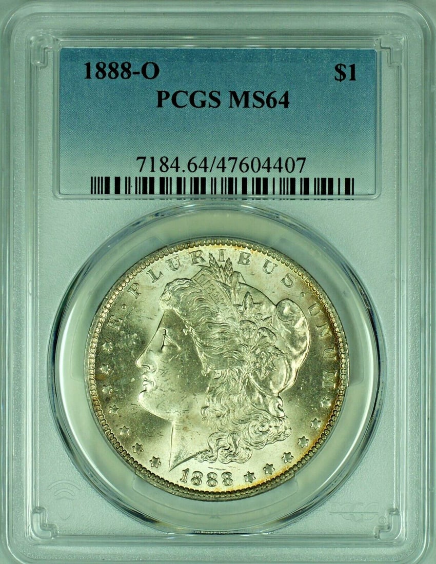 PCGS MS 64 Certified 1888-O Morgan Silver Dollar Uncirculated: PCGS MS 64 Certified 1888-O Morgan Silver Dollar Uncirculated This is an 1888-O Morgan Silver Dollar graded MS 64 by PCGS. The coin is uncirculated, composed of silver, and originates from the United 