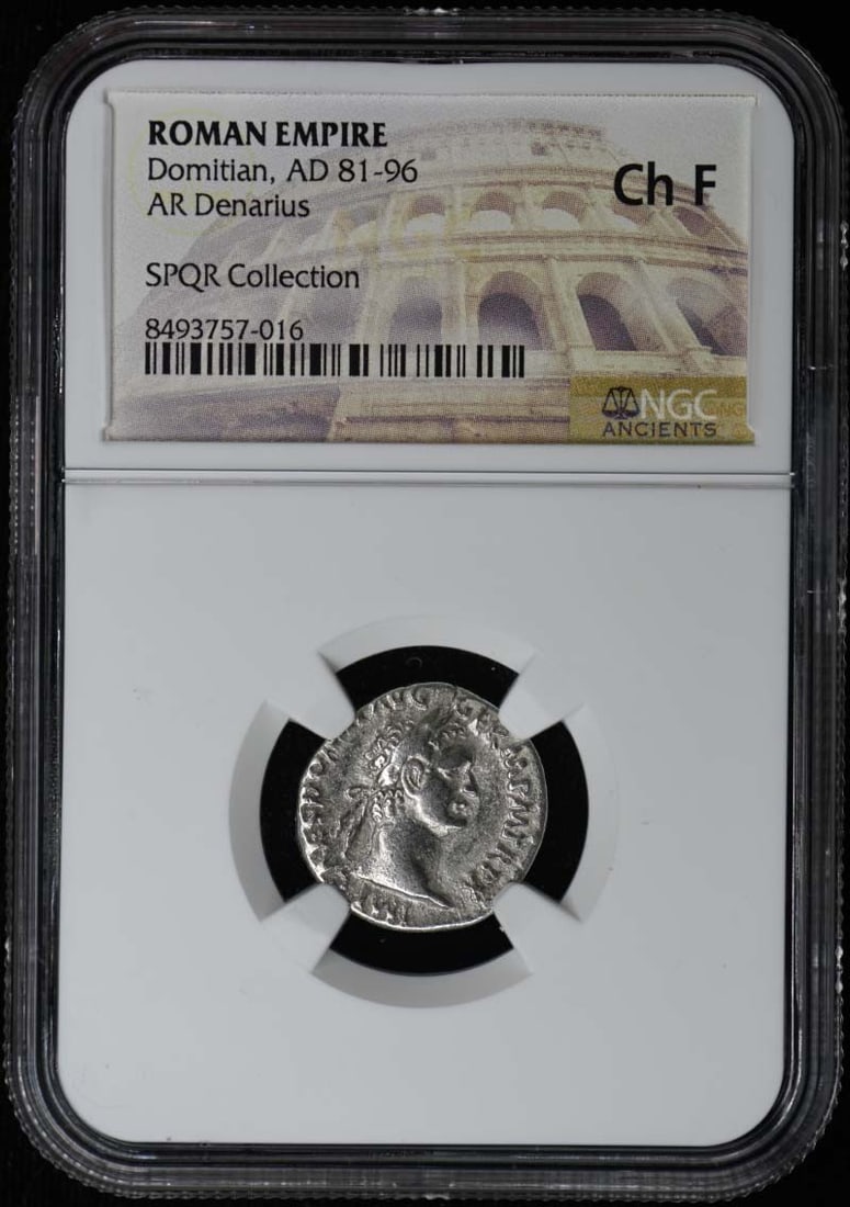 NGC Certified Roman Denarius Silver Coin of Domitian AD 81-96: NGC Certified Roman Denarius Silver Coin of Domitian AD 81-96 Ancient Roman Empire AR Denarius coin from the reign of Domitian, AD 81-96. Certified and graded Ch F (Choice Fine) by NGC. This collectib