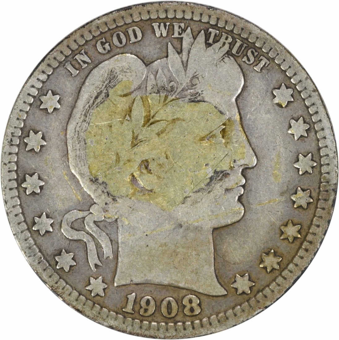 1908-S Barber Quarter 25C VG Uncertified 90% Silver Coin: 1908-S Barber Quarter 25C VG Uncertified 90% Silver Coin This 1908-S Barber Silver Quarter is a beautiful piece of American numismatic history. Struck in San Francisco, this coin features the iconic d
