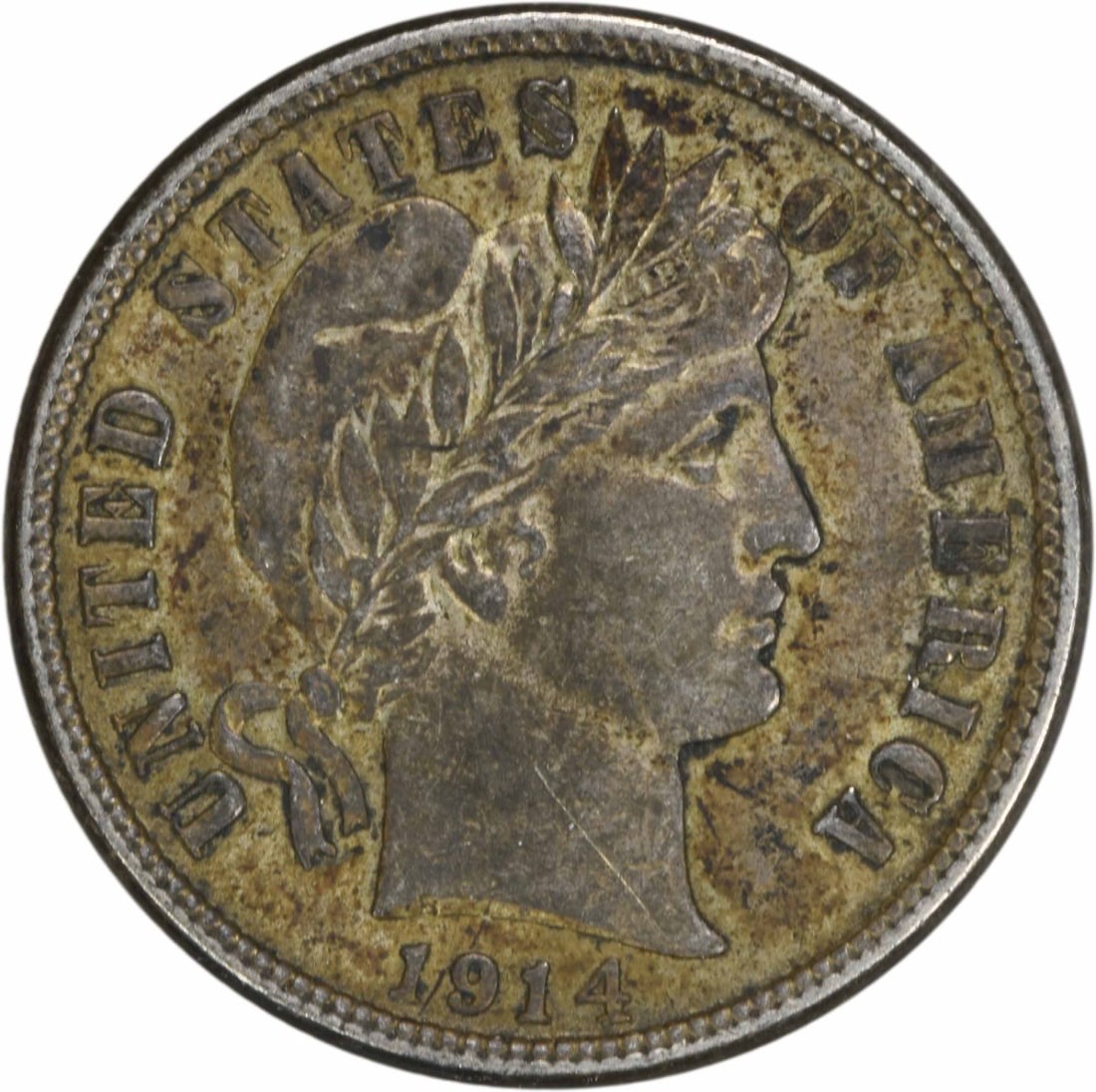 1914 Barber Silver Dime AU Uncertified 90% Silver Coin: 1914 Barber Silver Dime AU Uncertified 90% Silver Coin This 1914 Barber Silver Dime is a historical coin from the United States, featuring the iconic design by Charles E. Barber. It is graded as Almos