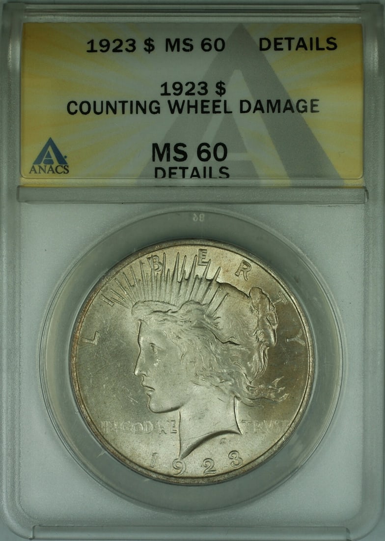 1923 Peace Dollar Silver $1 ANACS MS-60 Details Certified Coin: 1923 Peace Dollar Silver $1 ANACS MS-60 Details Certified Coin This is a 1923 Peace Silver Dollar $1 coin from the United States, certified by ANACS with a grade of MS-60 Details. The coin is uncircul