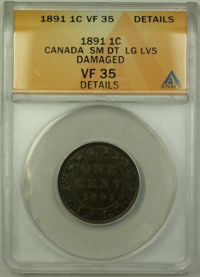 Queen Victoria 1891 Canadian Large Cent Bronze Coin ANACS VF-35 Certified: Queen Victoria 1891 Canadian Large Cent Bronze Coin ANACS VF-35 Certified This 1891 Canada Large Cent features the portrait of Queen Victoria and has been certified by ANACS with a VF-35 grade. The co