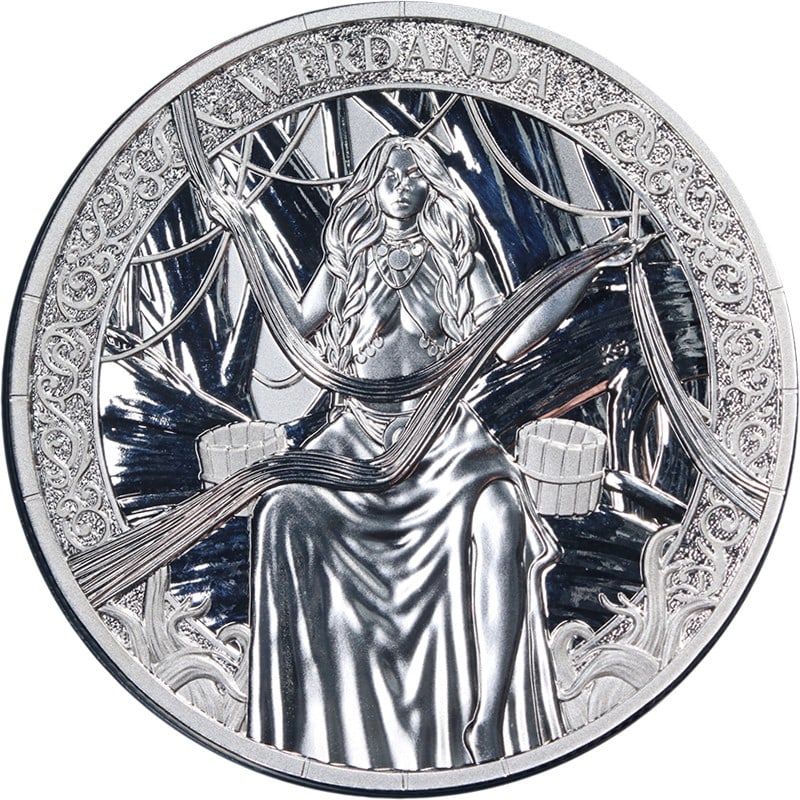 2026 Werdanda Norns 1 oz Silver 5 Mark Coin With OGP and COA: 2026 Werdanda Norns 1 oz Silver 5 Mark Coin With OGP and COA This 2026 Germania 1 Ounce Silver 5 Mark coin from Germany is crafted from 0.999 fine silver and is in uncirculated mint state condition. T