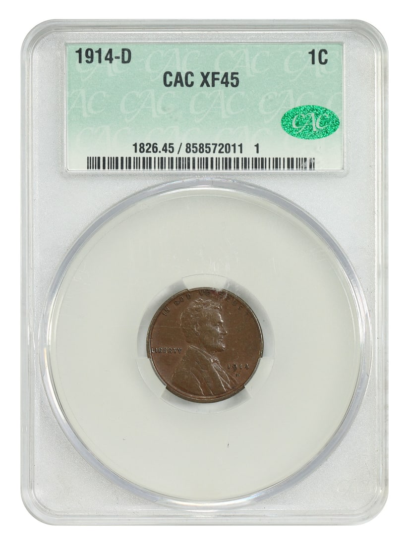 1914 Denver Lincoln Wheat Cent CACG Certified Key Date XF45: 1914 Denver Lincoln Wheat Cent CACG Certified Key Date XF45 This 1914-D Lincoln Cent (Wheat Reverse) is a key date coin certified by CACG with an XF45 grade. It features natural surfaces and retains i