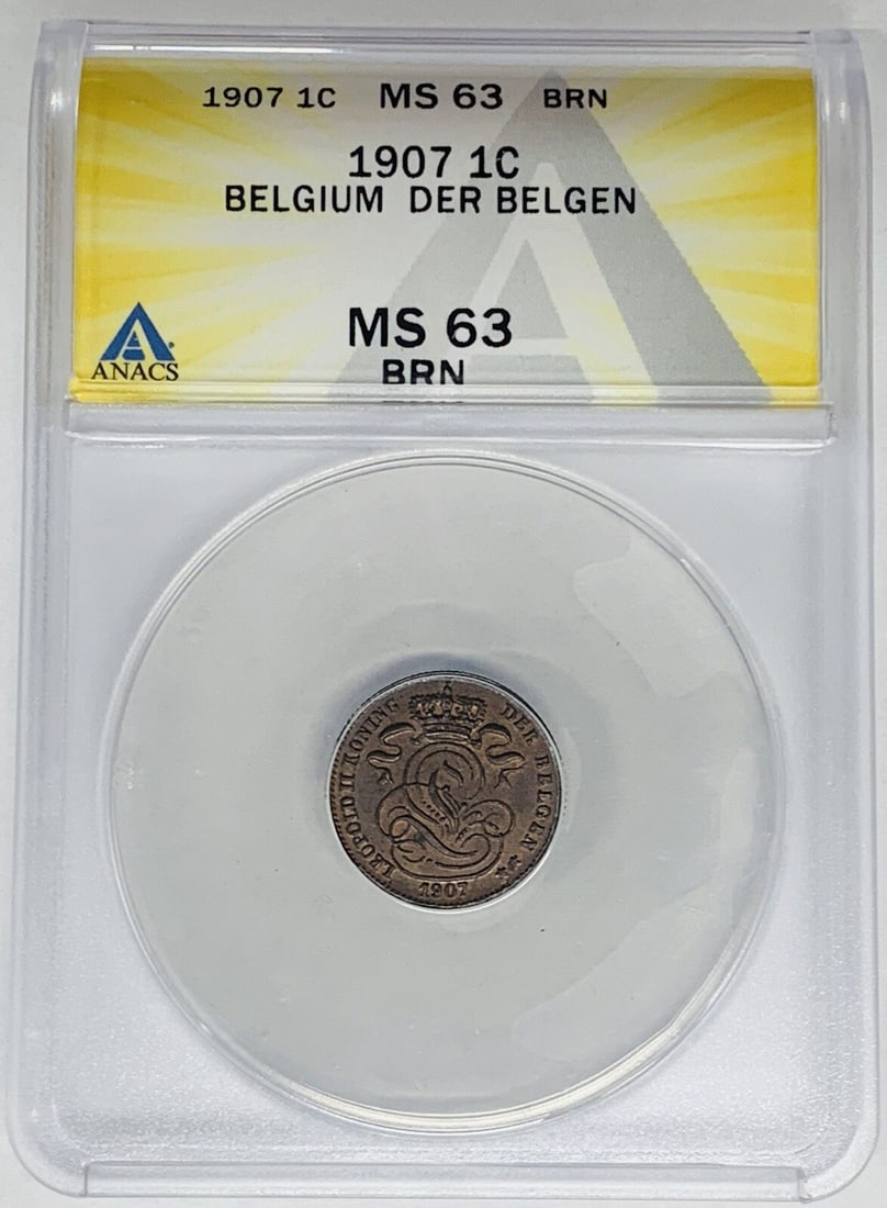 Belgium 1907 One Centime ANACS MS 63 Brown Certified Coin: Belgium 1907 One Centime ANACS MS 63 Brown Certified Coin This is a 1907 Belgium One Centime coin certified by ANACS with a grade of MS 63 and a brown (BN) color designation. The coin is pre-owned and