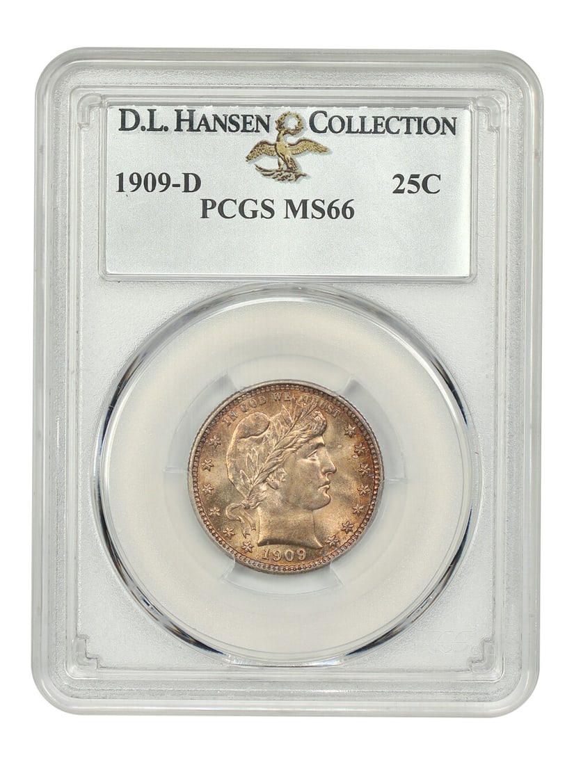 1909-D Barber Quarter PCGS MS66 Uncirculated Orange-Gold: 1909-D Barber Quarter PCGS MS66 Uncirculated Orange-Gold This 1909-D 25C Barber Quarter, graded MS66 by PCGS, is an exceptional example of this classic coin. It features a striking orange-gold color t