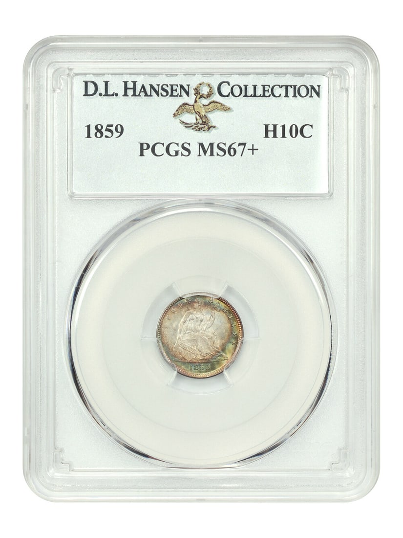 1859 Liberty Seated Half Dime H10C PCGS MS67+ D.L. Hansen: 1859 Liberty Seated Half Dime H10C PCGS MS67+ D.L. Hansen This stunning 1859 H10C Liberty Seated Half Dime is graded PCGS MS67+, showcasing an exceptional level of preservation. This uncirculated coin