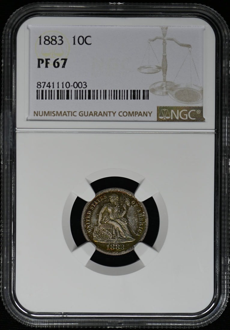 1883 Seated Liberty Dime NGC PR67 Proof Uncirculated: 1883 Seated Liberty Dime NGC PR67 Proof Uncirculated This exquisite 1883 Seated Liberty Dime features a Proof strike and has been graded PR67 by NGC, ensuring its high quality and superb condition. Mi