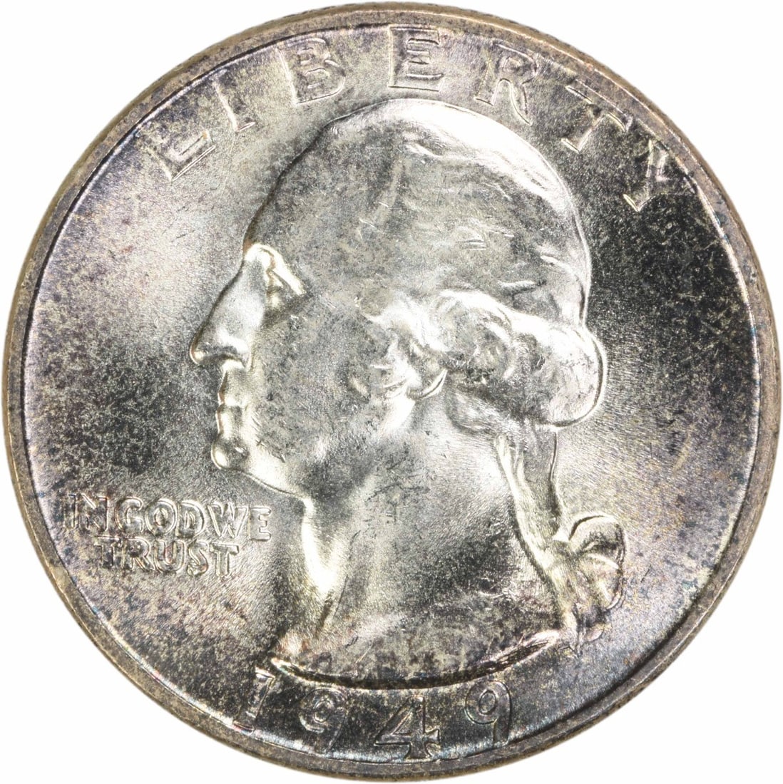 1949 Silver 25C Washington Quarter Choice Brilliant Uncirculated Raw: 1949 Silver 25C Washington Quarter Choice Brilliant Uncirculated Raw This 1949 Washington Quarter is composed of silver and remains uncirculated, graded as Choice BU+. It is uncertified and originates