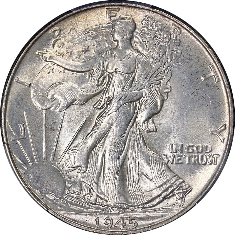 1945-P Walking Liberty Half MS66+ PCGS Certified Silver Coin: 1945-P Walking Liberty Half MS66+ PCGS Certified Silver Coin This stunning 1945-P Walking Liberty Half is certified by PCGS with a grade of MS66+. It exhibits exceptional eye appeal, showcasing beauti